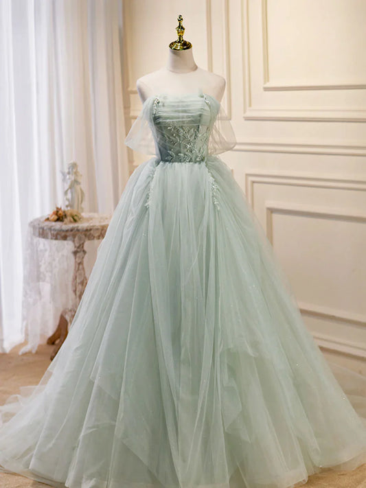 Vestido de fiesta largo de tul verde con lentejuelas y hombros descubiertos, corte A, vestido formal verde ED0712