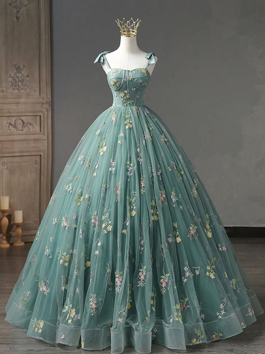 Vestido de fiesta largo de tul con encaje verde polvoriento, corte A, vestido de noche formal verde ED0716