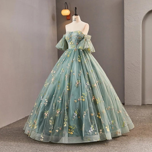 Vestido de fiesta largo de tul con encaje verde polvoriento, corte A, vestido de noche formal verde ED0716