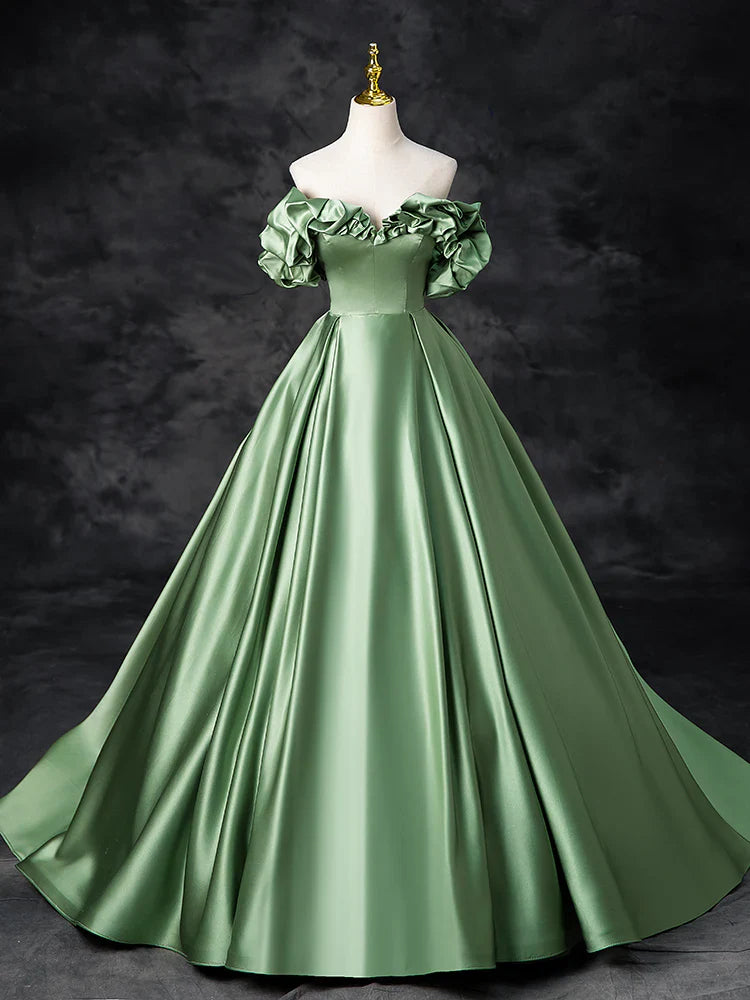 Vestido de fiesta largo de satén verde con corte en A, vestido de noche formal verde ED0720