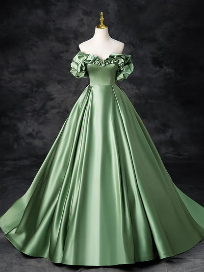 Vestido de fiesta largo de satén verde con corte en A, vestido de noche formal verde ED0720