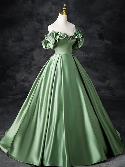 Vestido de fiesta largo de satén verde con corte en A, vestido de noche formal verde ED0720