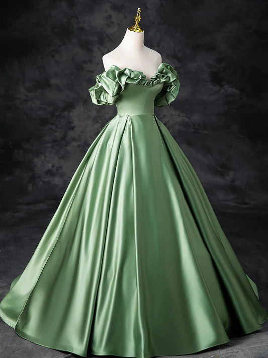 Vestido de fiesta largo de satén verde con corte en A, vestido de noche formal verde ED0720