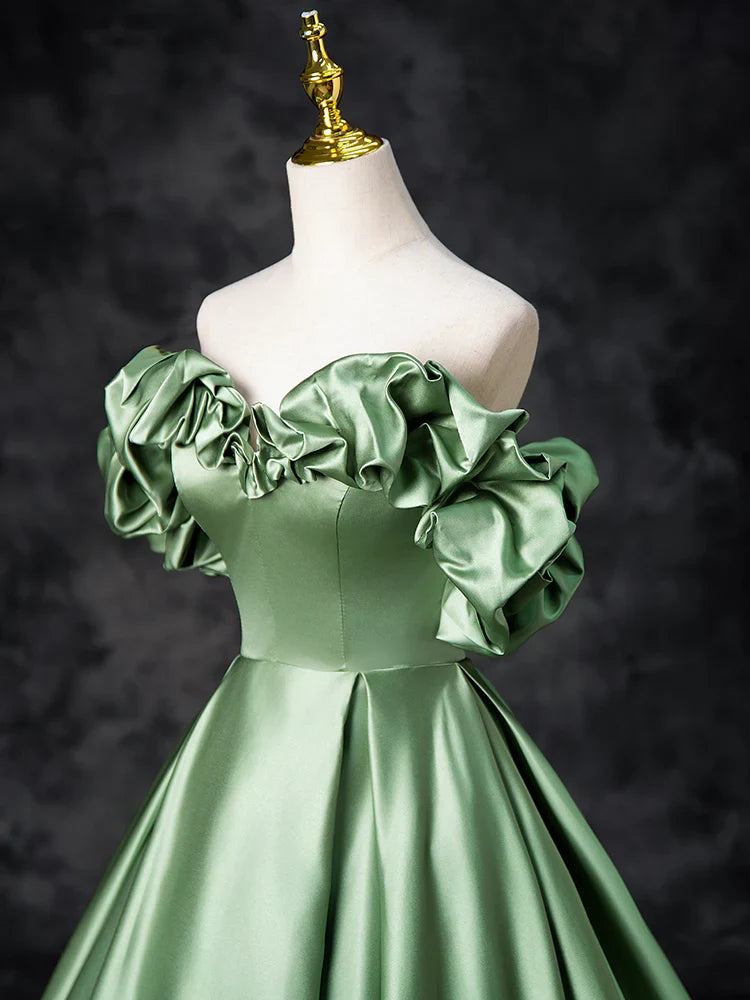 Vestido de fiesta largo de satén verde con corte en A, vestido de noche formal verde ED0720