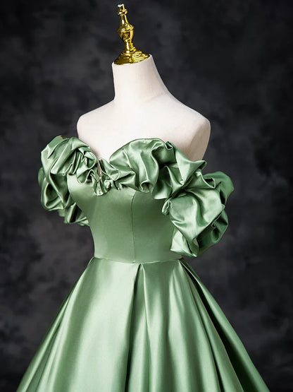 Vestido de fiesta largo de satén verde con corte en A, vestido de noche formal verde ED0720