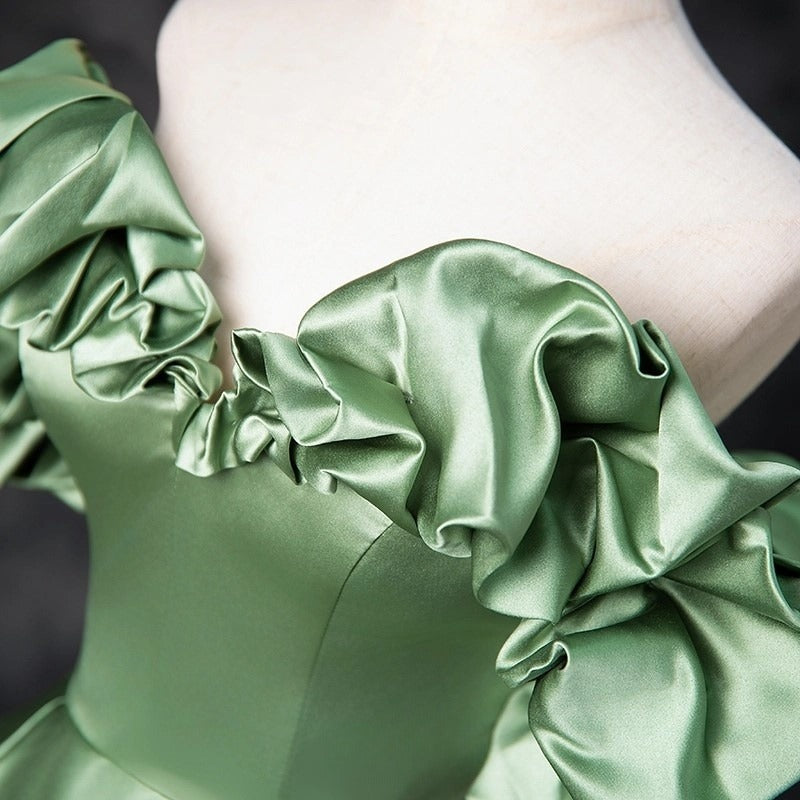 Vestido de fiesta largo de satén verde con corte en A, vestido de noche formal verde ED0720