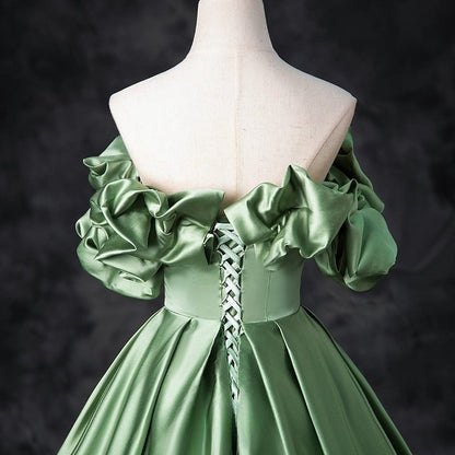 Vestido de fiesta largo de satén verde con corte en A, vestido de noche formal verde ED0720