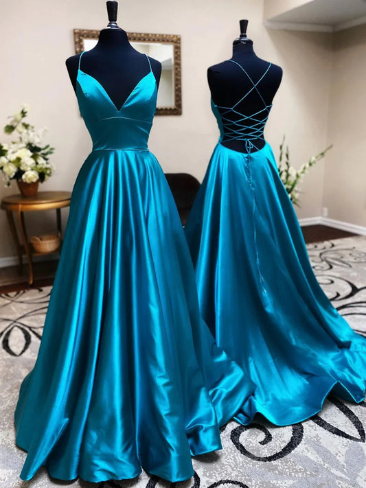 Vestido de fiesta largo de satén azul con corte en A, vestidos de noche formales azules ED0721