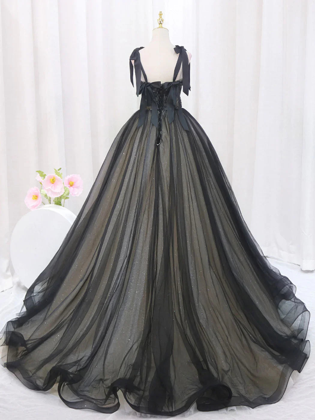 Vestidos de fiesta largos de tul negro con encaje y corte en A, vestidos de noche negros largos ED0722