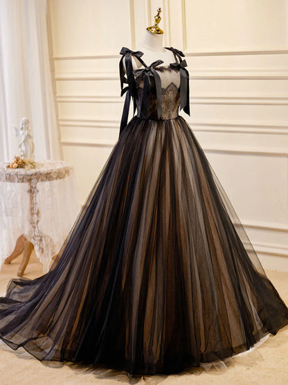 Vestidos de fiesta largos de tul negro con encaje y corte en A, vestidos de noche negros largos ED0722