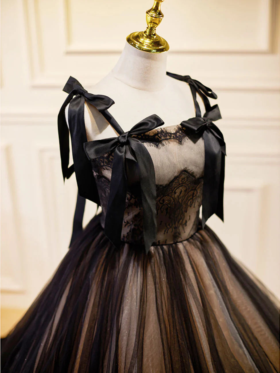 Vestidos de fiesta largos de tul negro con encaje y corte en A, vestidos de noche negros largos ED0722