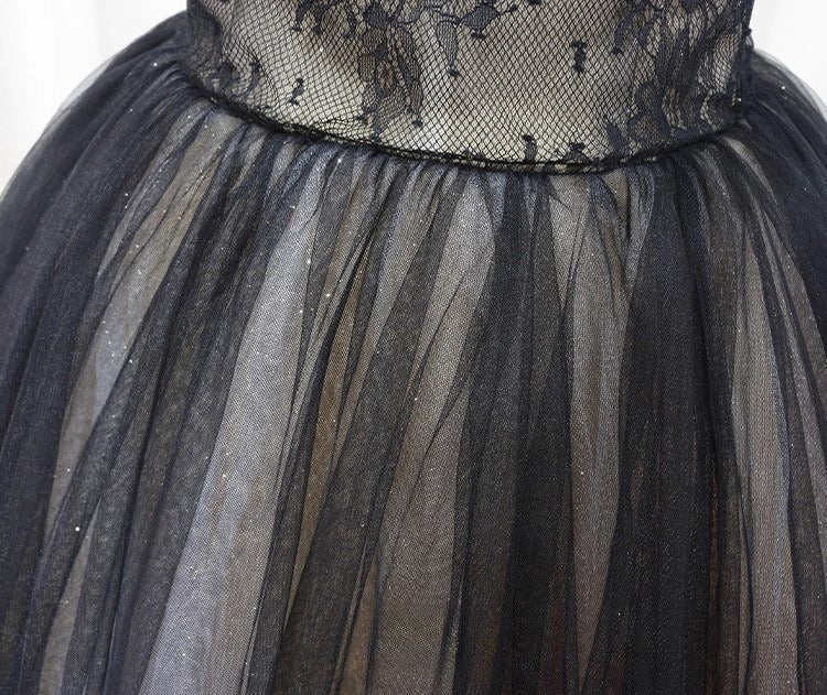 Vestidos de fiesta largos de tul negro con encaje y corte en A, vestidos de noche negros largos ED0722