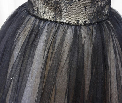Vestidos de fiesta largos de tul negro con encaje y corte en A, vestidos de noche negros largos ED0722
