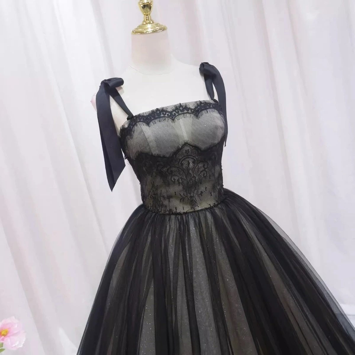Vestidos de fiesta largos de tul negro con encaje y corte en A, vestidos de noche negros largos ED0722