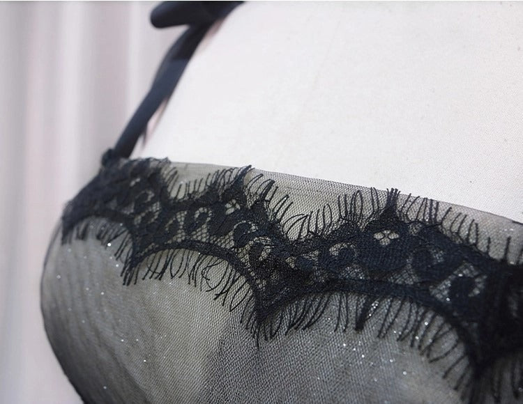 Vestidos de fiesta largos de tul negro con encaje y corte en A, vestidos de noche negros largos ED0722
