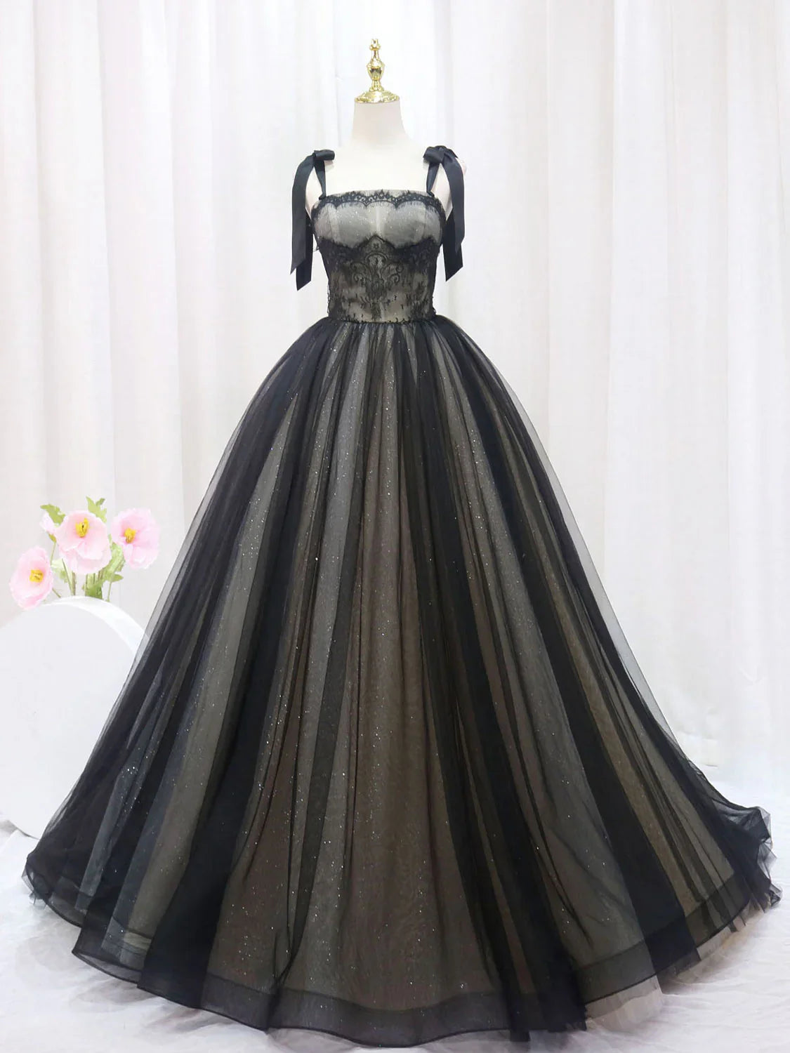 Vestidos de fiesta largos de tul negro con encaje y corte en A, vestidos de noche negros largos ED0722