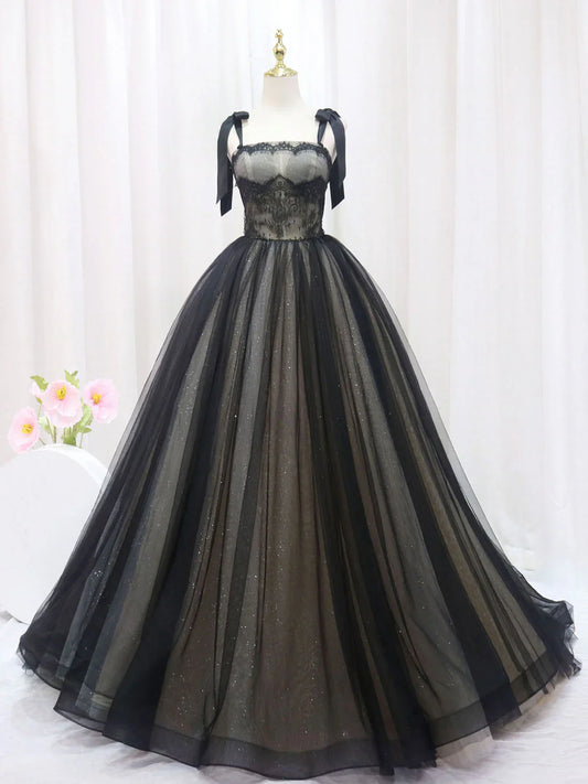 Vestidos de fiesta largos de tul negro con encaje y corte en A, vestidos de noche negros largos ED0722