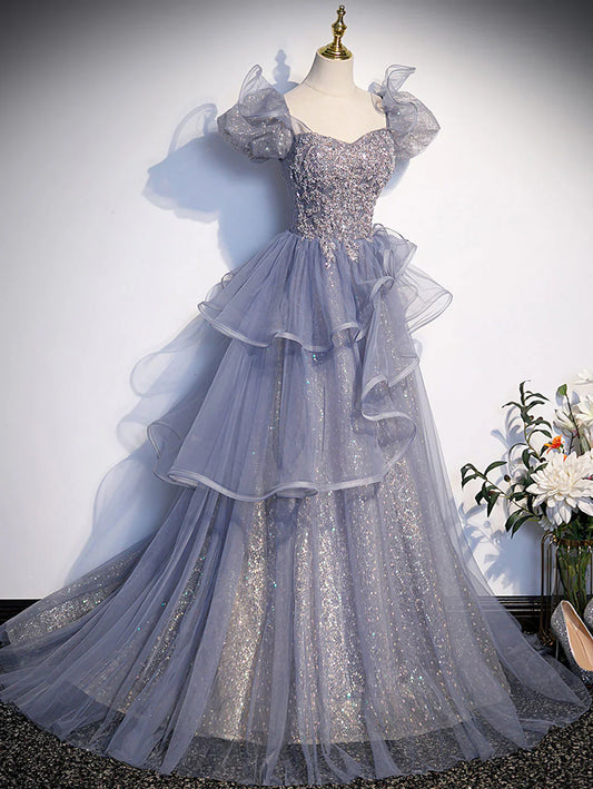 Vestido de fiesta largo de lentejuelas grises, corte A, tul con lentejuelas, vestidos de noche formales ED0727