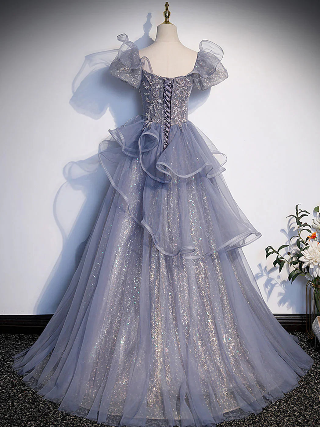 Vestido de fiesta largo de lentejuelas grises, corte A, tul con lentejuelas, vestidos de noche formales ED0727