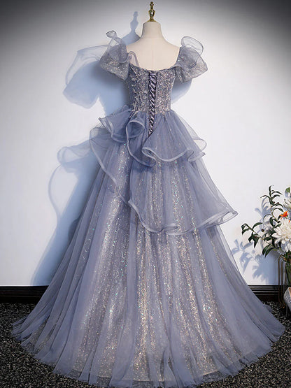 Vestido de fiesta largo de lentejuelas grises, corte A, tul con lentejuelas, vestidos de noche formales ED0727