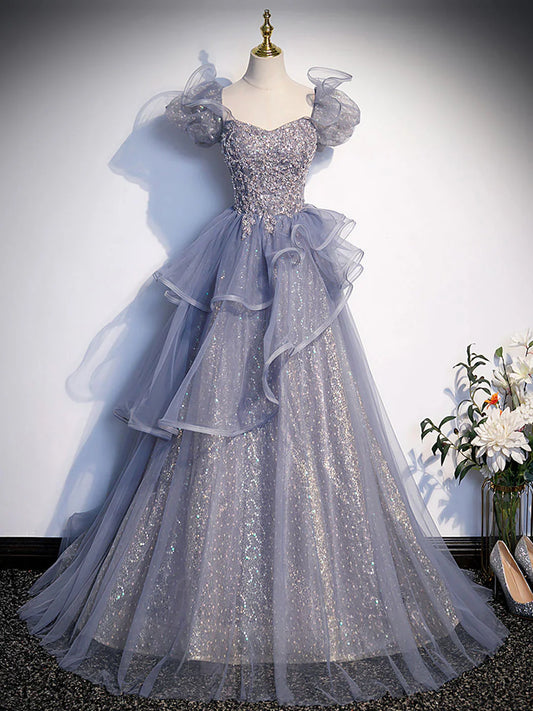 Vestido de fiesta largo de lentejuelas grises, corte A, tul con lentejuelas, vestidos de noche formales ED0727