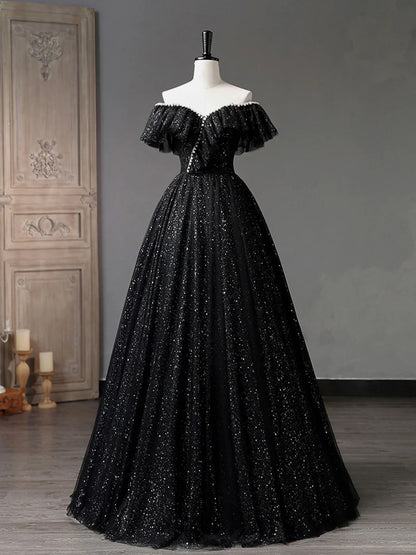 Vestido de fiesta largo de tul negro con hombros descubiertos, vestidos de noche formales negros ED0729