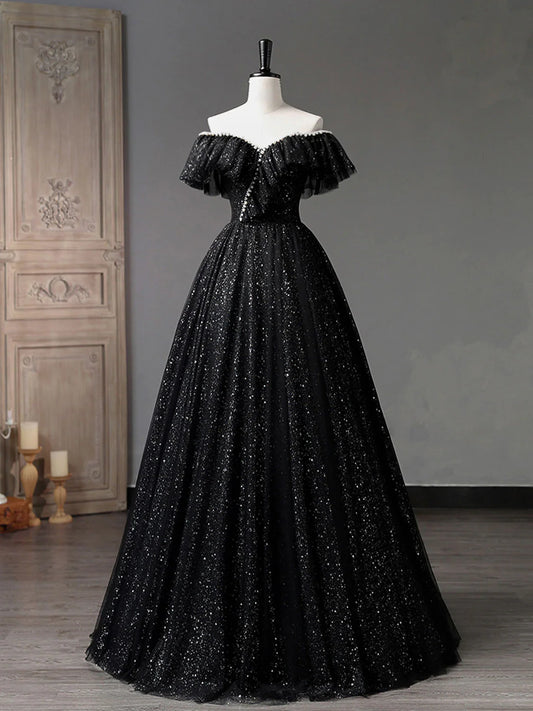 Vestido de fiesta largo de tul negro con hombros descubiertos, vestidos de noche formales negros ED0729