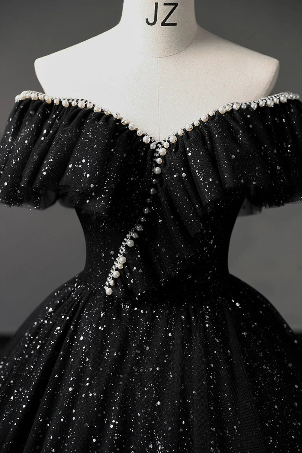 Vestido de fiesta largo de tul negro con hombros descubiertos, vestidos de noche formales negros ED0729