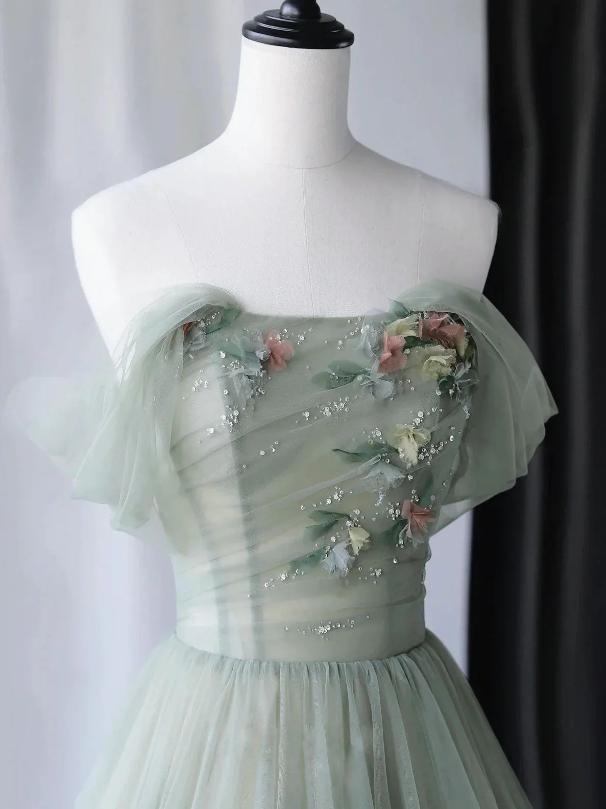 Vestidos de fiesta largos de tul verde con corte en A, vestidos de noche formales verdes ED0731