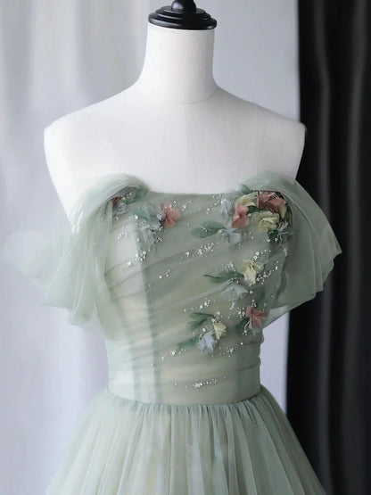 Vestidos de fiesta largos de tul verde con corte en A, vestidos de noche formales verdes ED0731