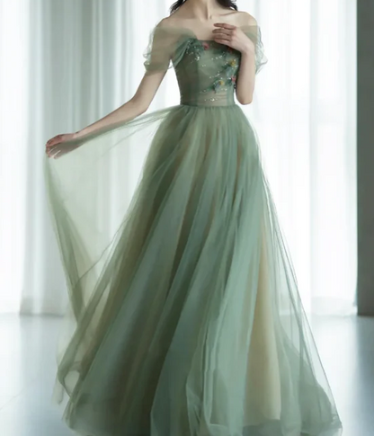 Vestidos de fiesta largos de tul verde con corte en A, vestidos de noche formales verdes ED0731