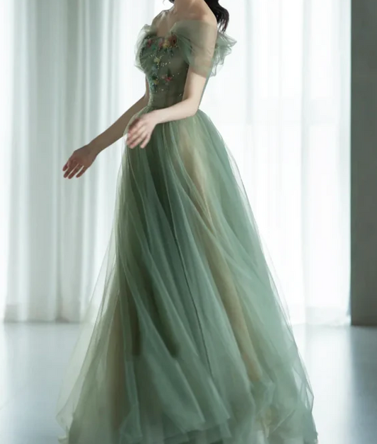 Vestidos de fiesta largos de tul verde con corte en A, vestidos de noche formales verdes ED0731