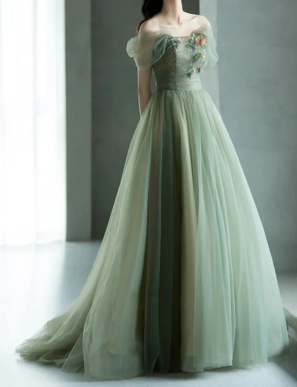 Vestidos de fiesta largos de tul verde con corte en A, vestidos de noche formales verdes ED0731