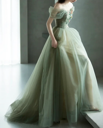Vestidos de fiesta largos de tul verde con corte en A, vestidos de noche formales verdes ED0731
