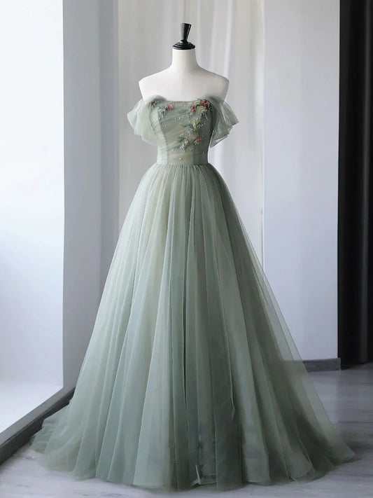 Vestidos de fiesta largos de tul verde con corte en A, vestidos de noche formales verdes ED0731