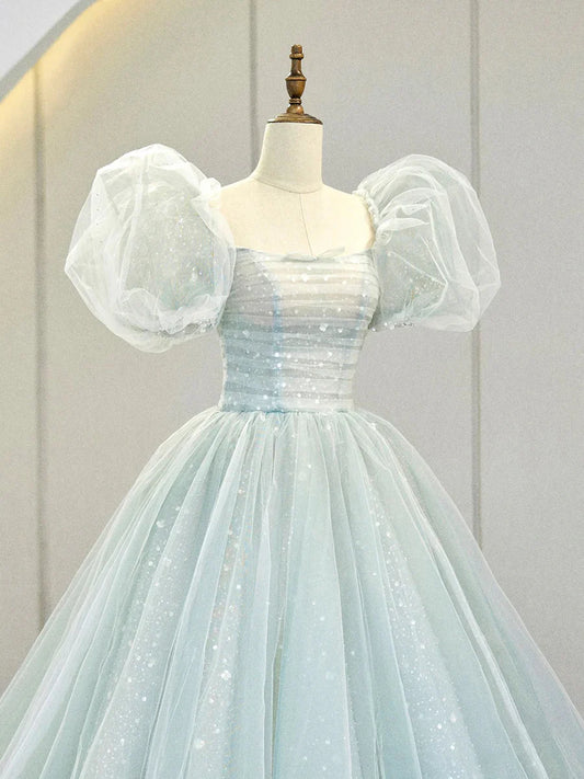 Vestido de fiesta largo azul con mangas abullonadas y corte A, vestido de noche formal de tul ED0733