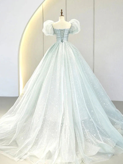 Vestido de fiesta largo azul con mangas abullonadas y corte A, vestido de noche formal de tul ED0733