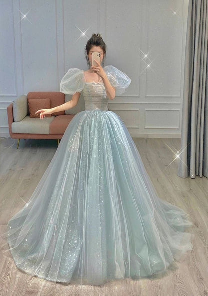 Vestido de fiesta largo azul con mangas abullonadas y corte A, vestido de noche formal de tul ED0733