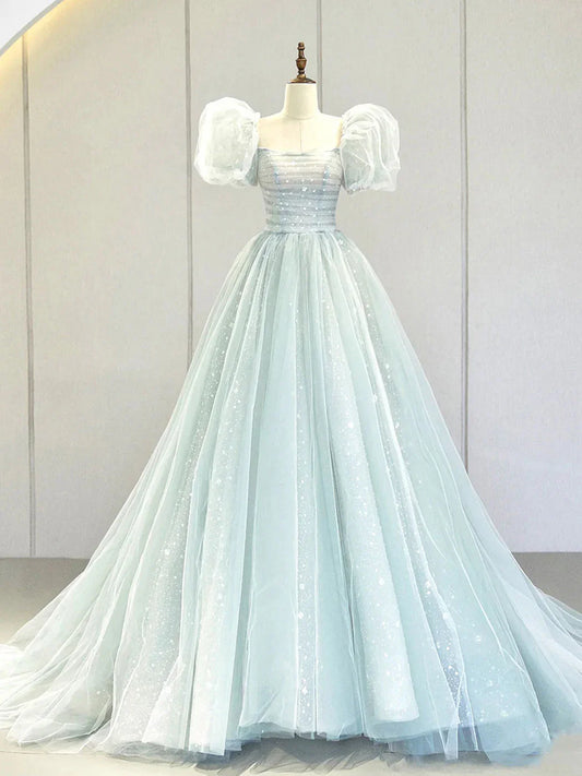 Vestido de fiesta largo azul con mangas abullonadas y corte A, vestido de noche formal de tul ED0733