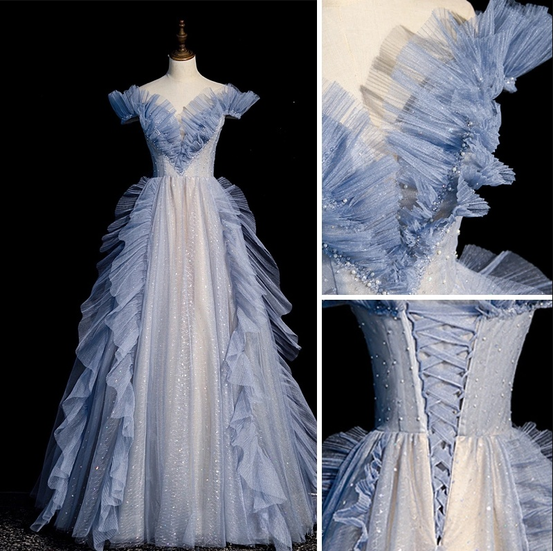 Vestido de fiesta largo de tul azul con hombros descubiertos y lentejuelas, vestido formal azul ED0736