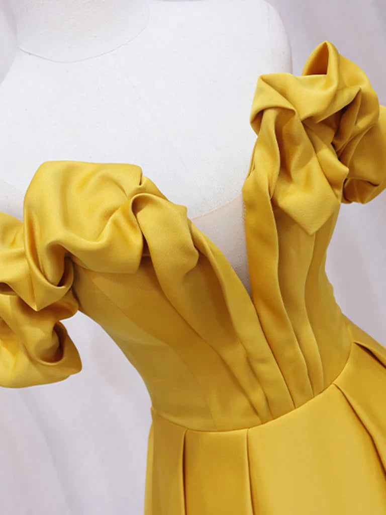 Vestido de fiesta largo amarillo de satén con hombros descubiertos y corte en A, vestido formal amarillo ED0738