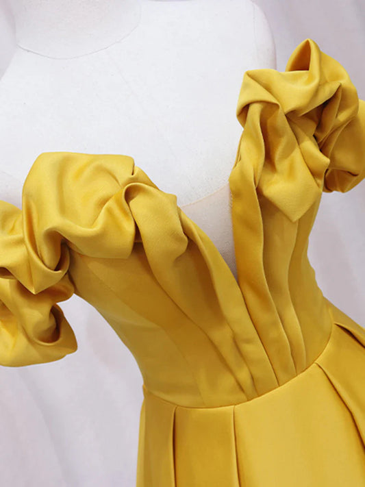 Vestido de fiesta largo amarillo de satén con hombros descubiertos y corte en A, vestido formal amarillo ED0738