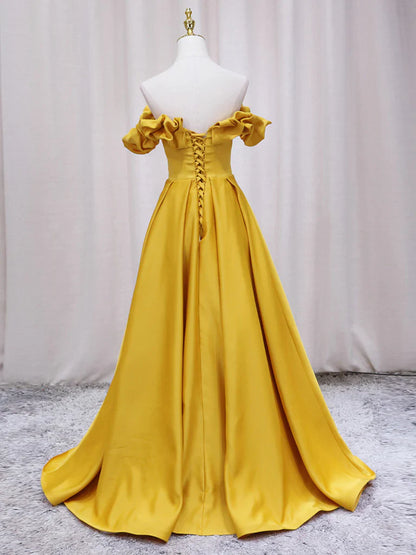 Vestido de fiesta largo amarillo de satén con hombros descubiertos y corte en A, vestido formal amarillo ED0738