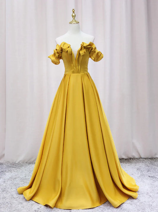 Vestido de fiesta largo amarillo de satén con hombros descubiertos y corte en A, vestido formal amarillo ED0738