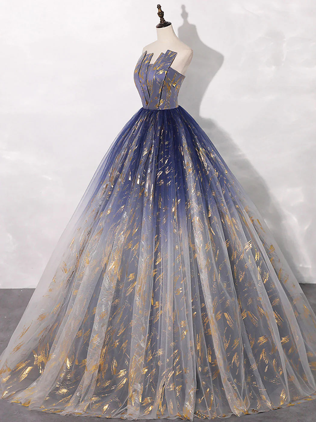 Vestido de fiesta largo de tul azul con corte en A, vestidos de noche largos de tul azul ED0739