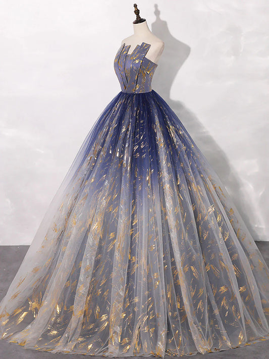 Vestido de fiesta largo de tul azul con corte en A, vestidos de noche largos de tul azul ED0739