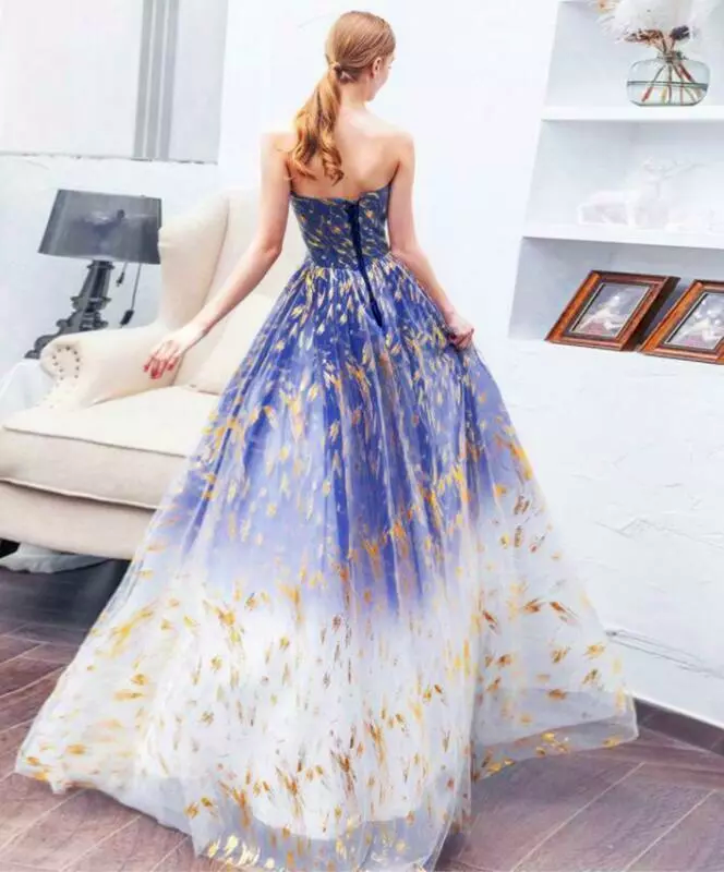 Vestido de fiesta largo de tul azul con corte en A, vestidos de noche largos de tul azul ED0739