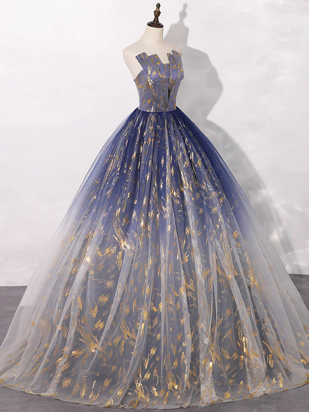 Vestido de fiesta largo de tul azul con corte en A, vestidos de noche largos de tul azul ED0739