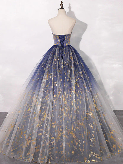 Vestido de fiesta largo de tul azul con corte en A, vestidos de noche largos de tul azul ED0739