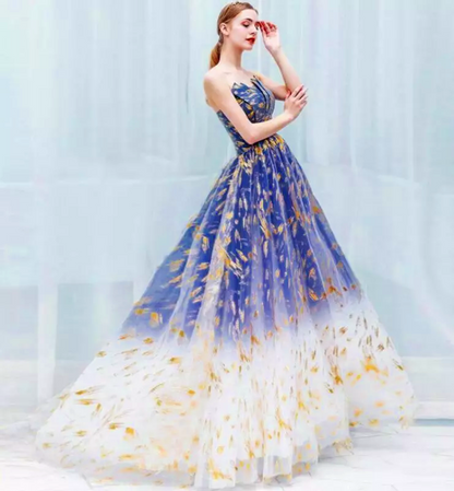 Vestido de fiesta largo de tul azul con corte en A, vestidos de noche largos de tul azul ED0739
